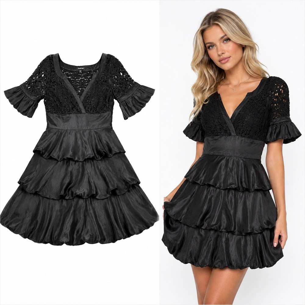 Bebe M Black Silk‎ Dress Lace Crochet Ruffle Mini Y2K Whimsigoth Dark Fairy Sexy